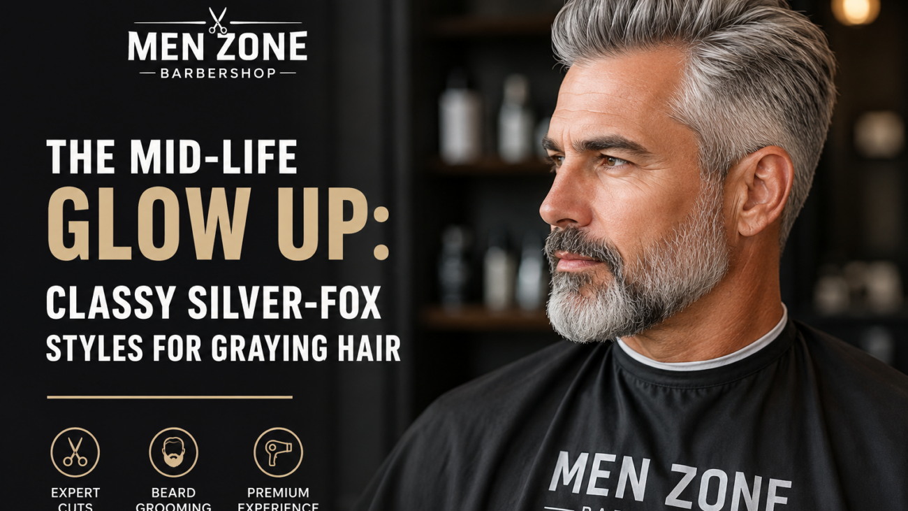 Middle-aged man with stylish silver hair and a neatly trimmed gray beard wearing a MEN ZONE Barbershop cape, promoting classy silver-fox hairstyles for graying hair.