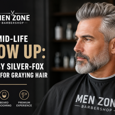 Middle-aged man with stylish silver hair and a neatly trimmed gray beard wearing a MEN ZONE Barbershop cape, promoting classy silver-fox hairstyles for graying hair.