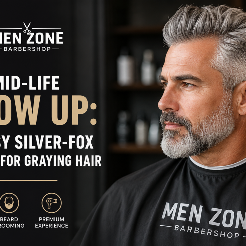 Middle-aged man with stylish silver hair and a neatly trimmed gray beard wearing a MEN ZONE Barbershop cape, promoting classy silver-fox hairstyles for graying hair.