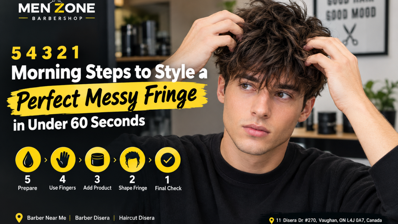 “Man styling a messy fringe hairstyle in under 60 seconds at MEN ZONE Barbershop in Vaughan, Canada”