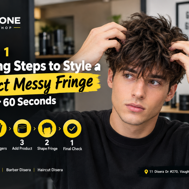 “Man styling a messy fringe hairstyle in under 60 seconds at MEN ZONE Barbershop in Vaughan, Canada”